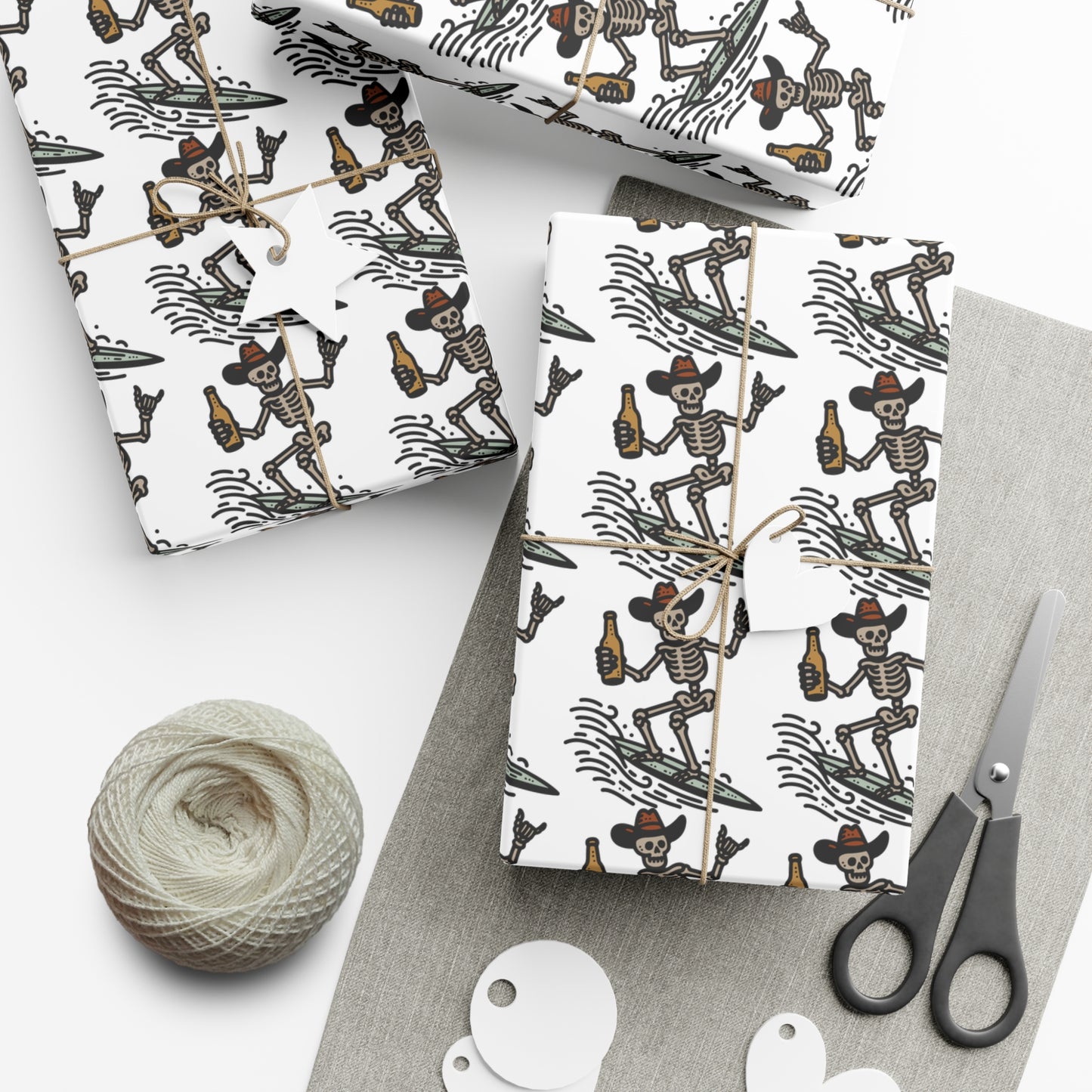 Surfs Up & Cowboy Skeleton Gift Wrapping Paper.