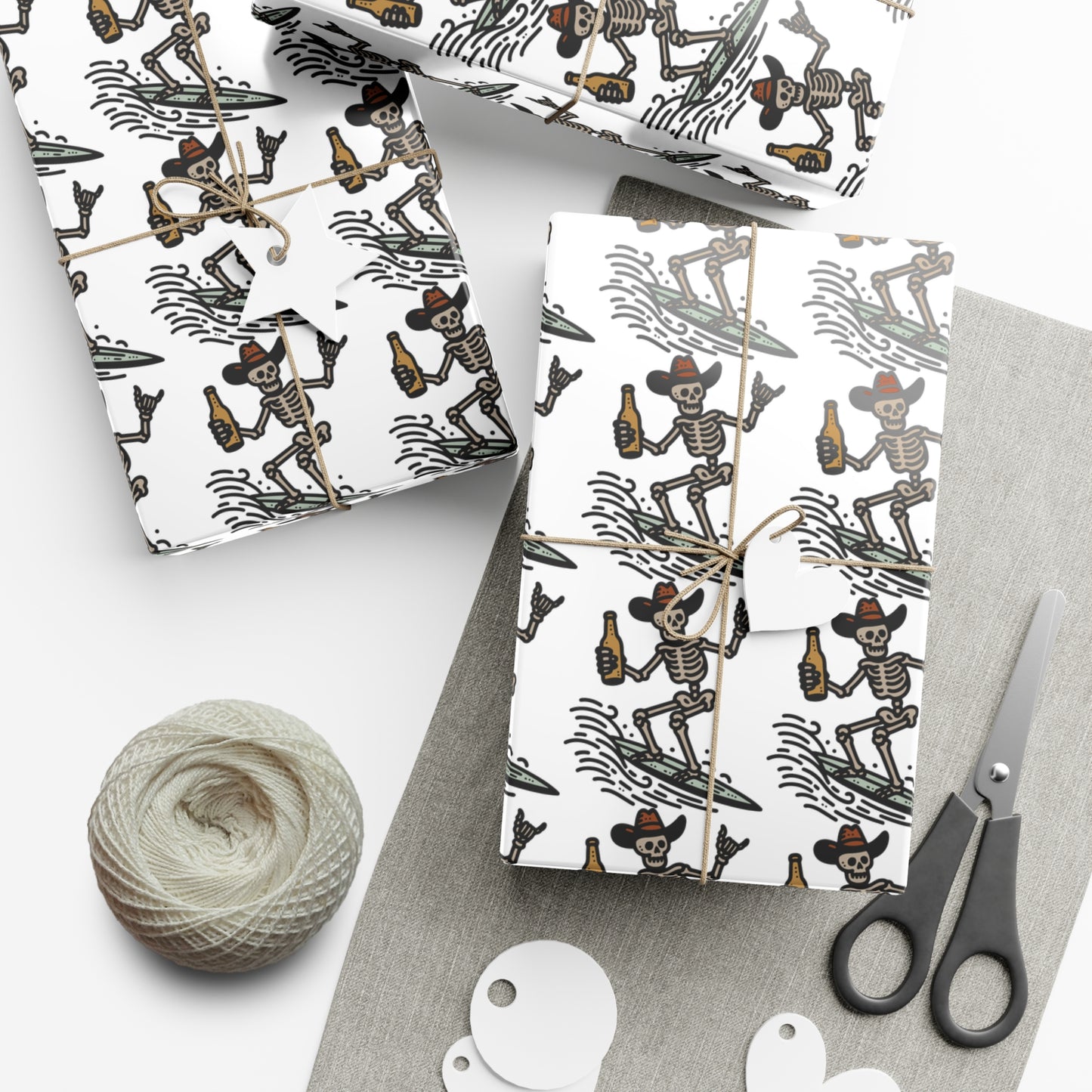 Surfs Up & Cowboy Skeleton Gift Wrapping Paper.