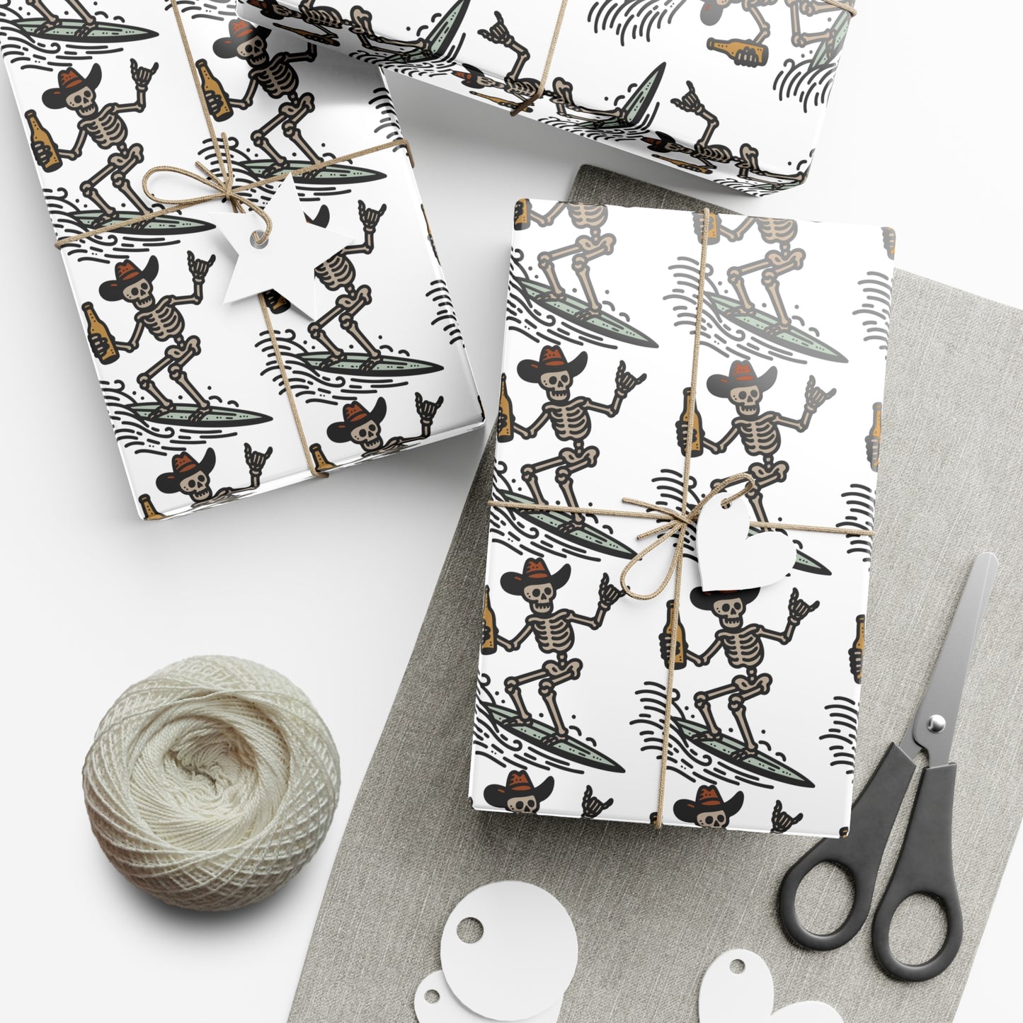 Surfs Up & Cowboy Skeleton Gift Wrapping Paper.